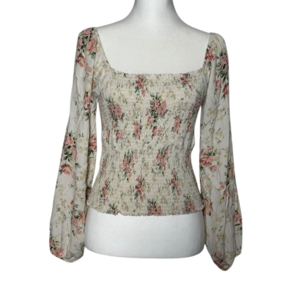 American Eagle Smocked Milkmaid Prairie Top Women Large Floral Puff Sleeve Pink